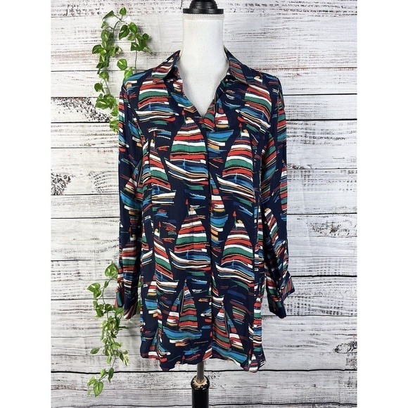 Soft Surroundings Blouse Shirt size Medium Sail Away Sailor Sail Boats Nautical - Picture 2 of 16